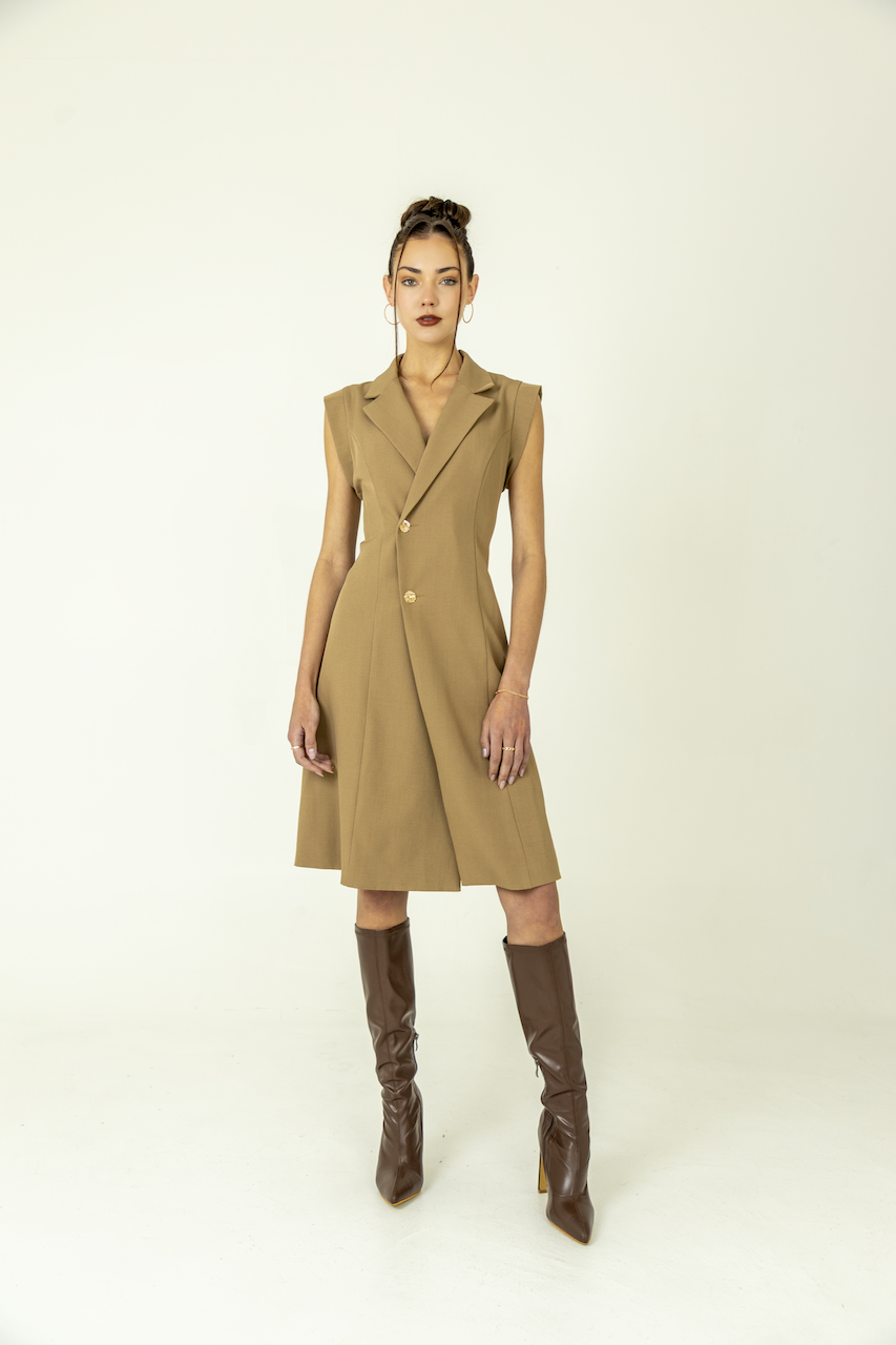 Collared Cap Sleeve Asymmetrical Coat Dress