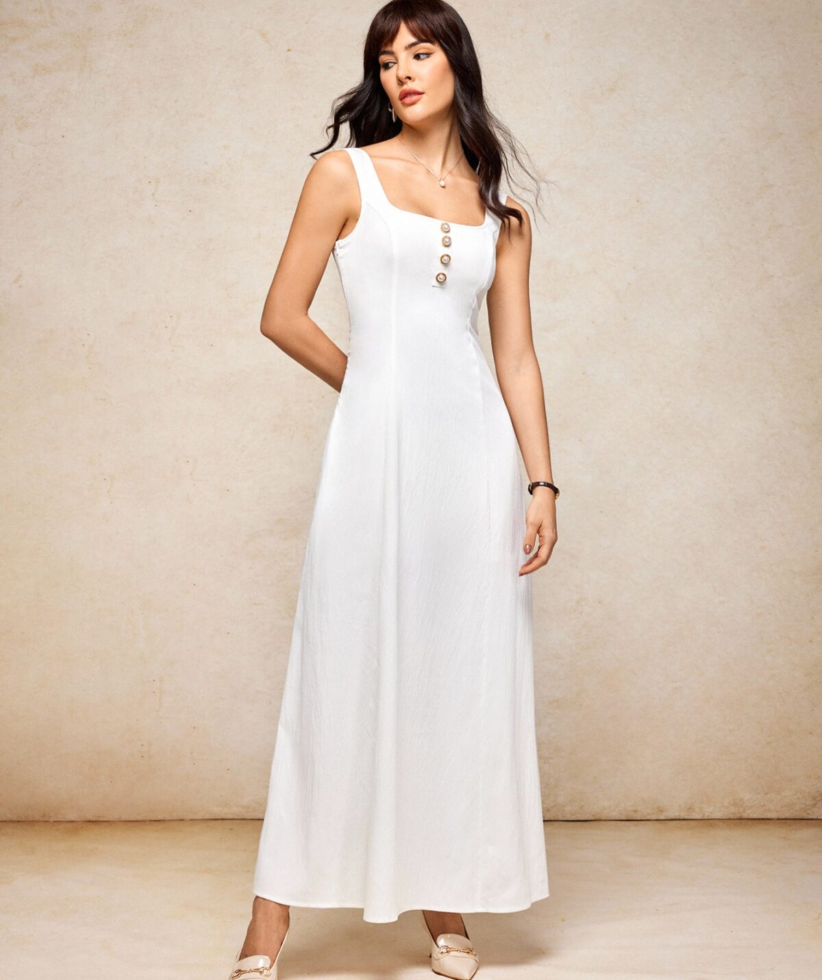 Square Neck Front Button White Maxi Dress