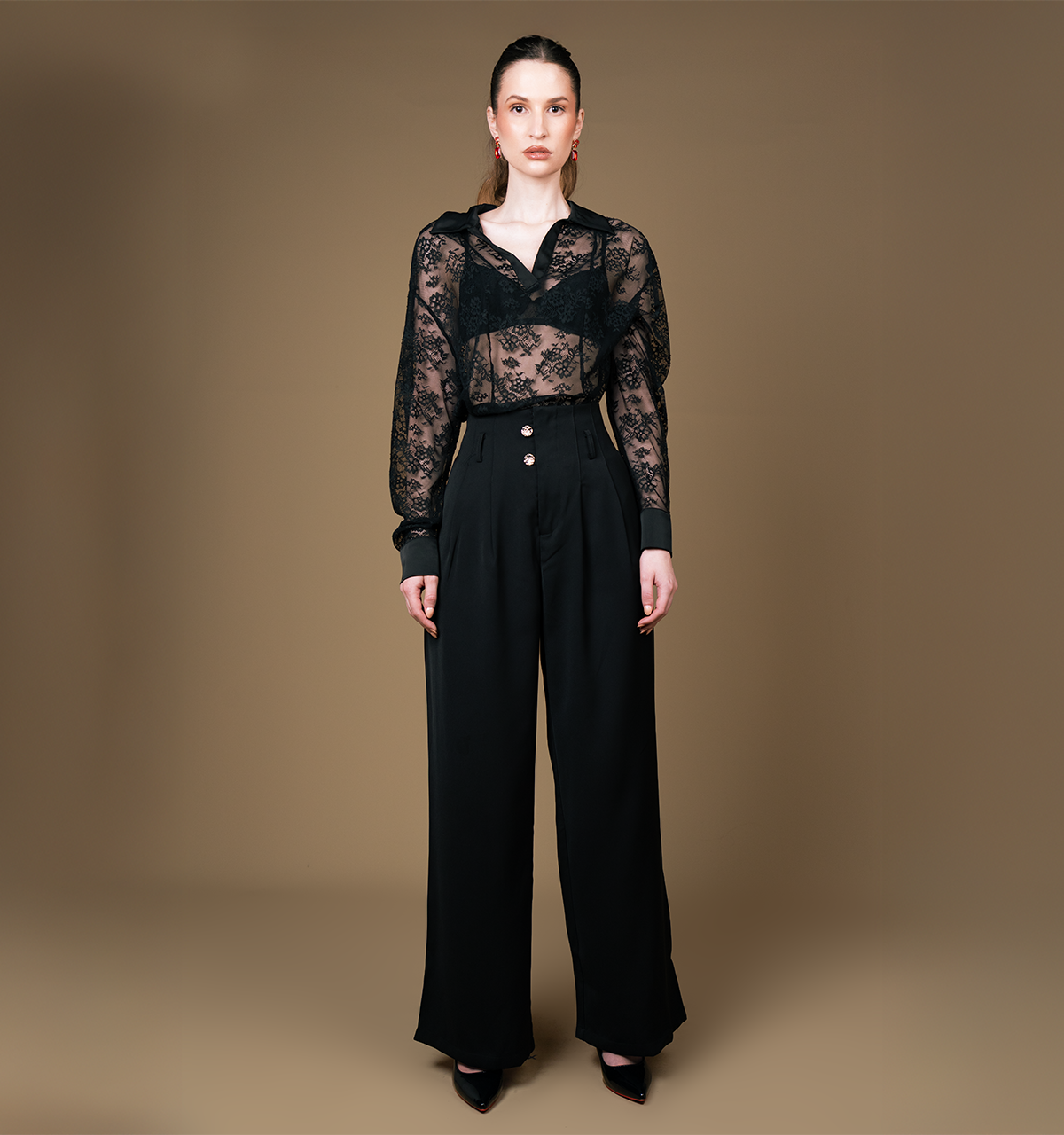 Collared Long Sleeve Black Lace Shirt