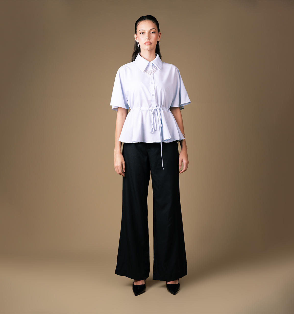 Tie Waist Drop Shoulder Collared Short Sleeve Shirt