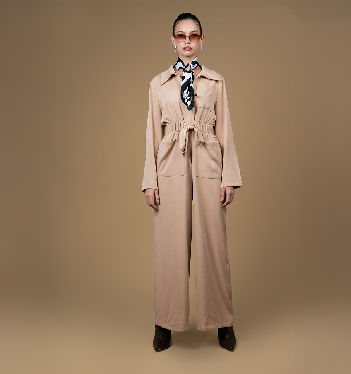 Camel Collared Wide-Leg Loose Fit Belted Jumpsuit