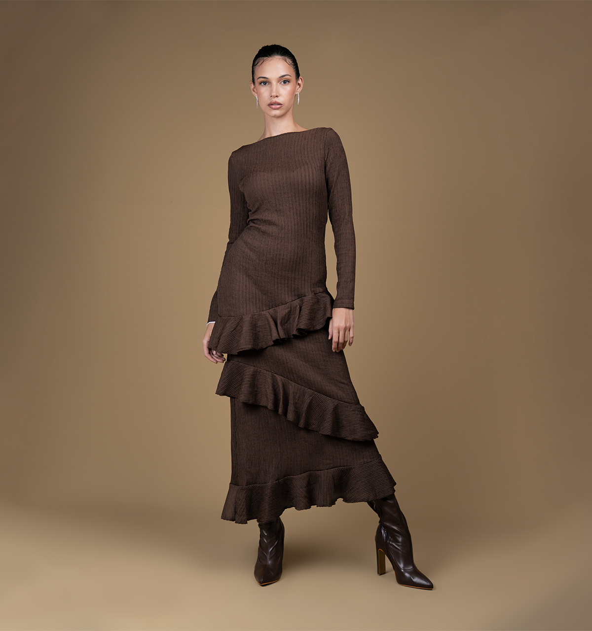 Boat Neck Layered Ruffled Midi Dress