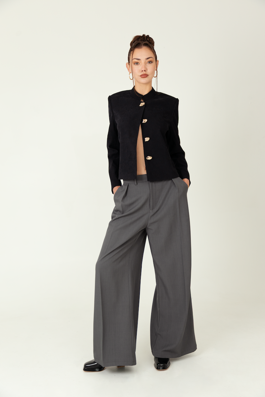 Solid Black Button-Up Mock Neck Woven Blazer