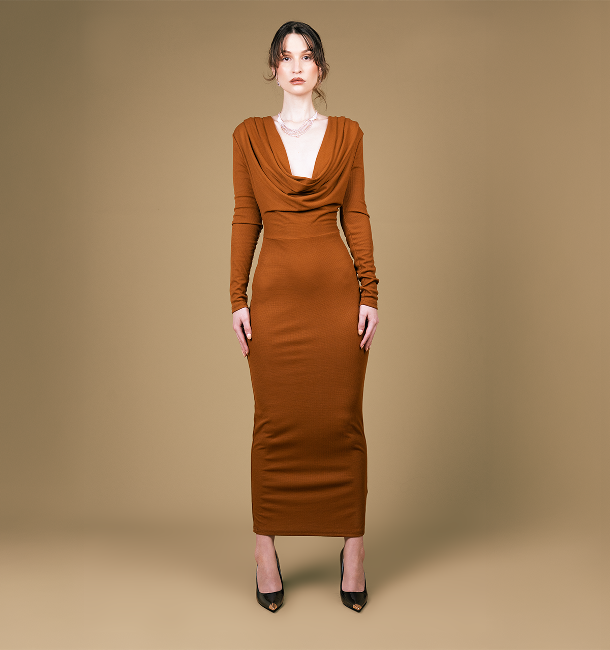Low V Drape Neck Long Sleeve Rib Knit Dress