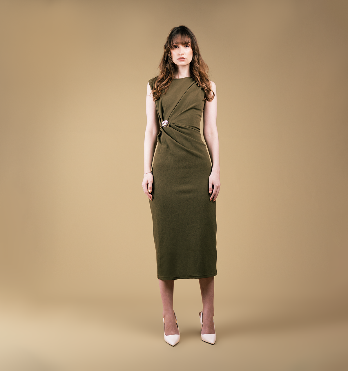 Textured Knit Round Neck Pleated Sleeveless Dress