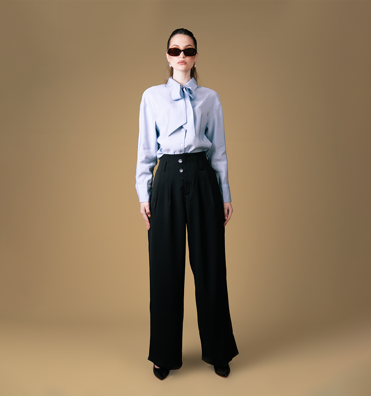 Organza Tie Neck Button-Up Blouse