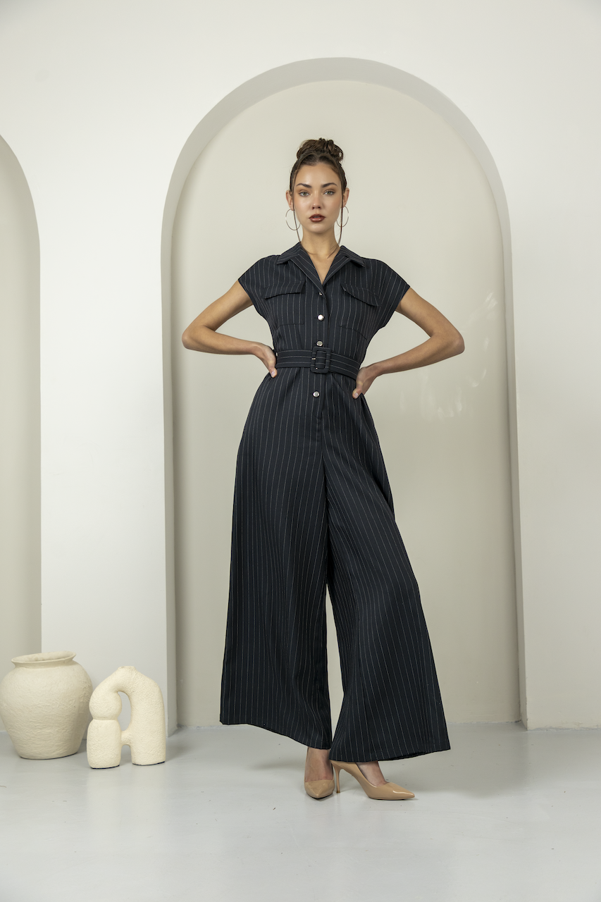 Collared Half-Zip Wide Leg Short Sleeves Jumpsuit