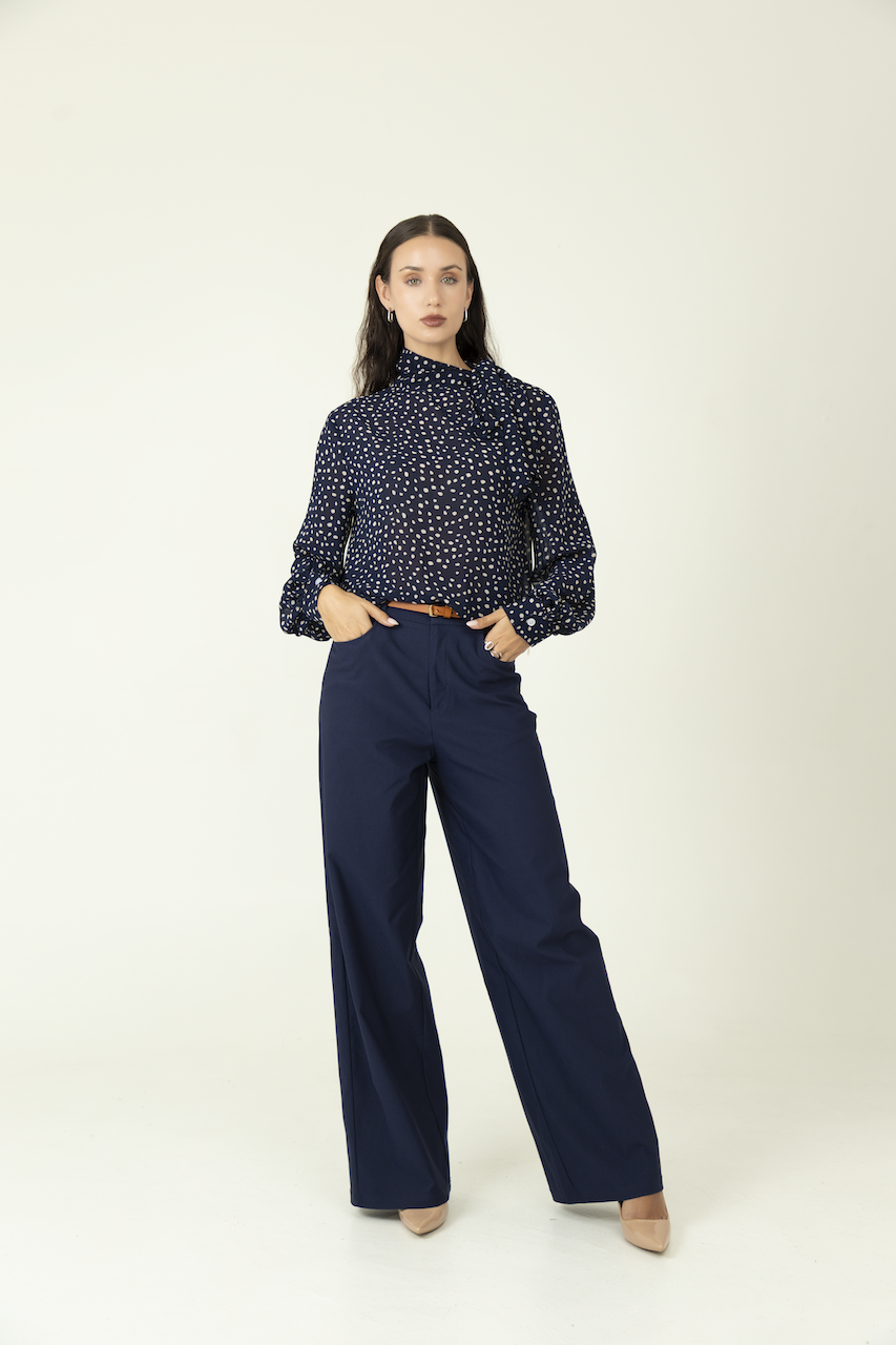 High Neck Long Sleeve Tie Neck Blouse