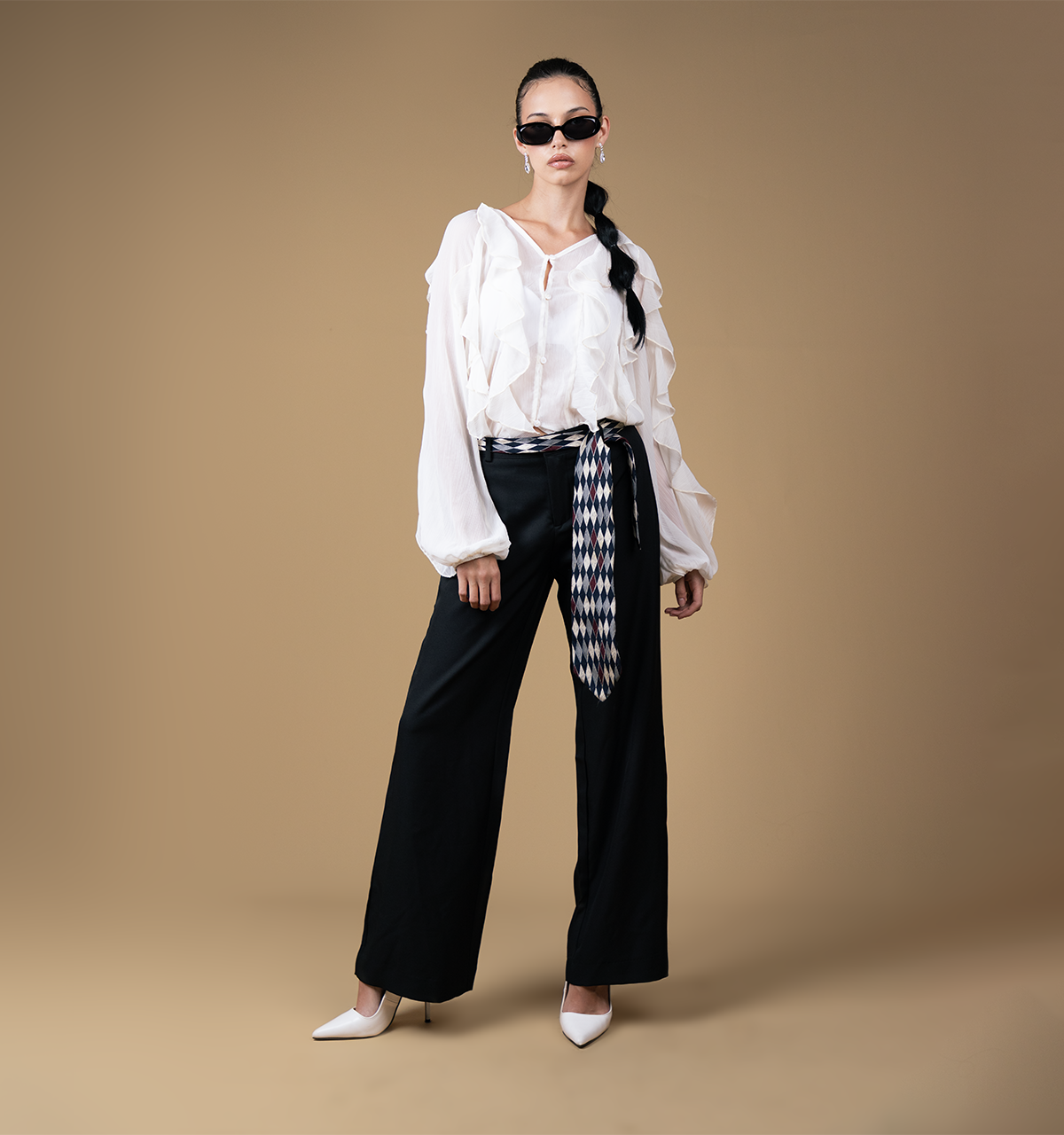 Multi-Layered Ruffled Textured Chiffon Oversized Blouse