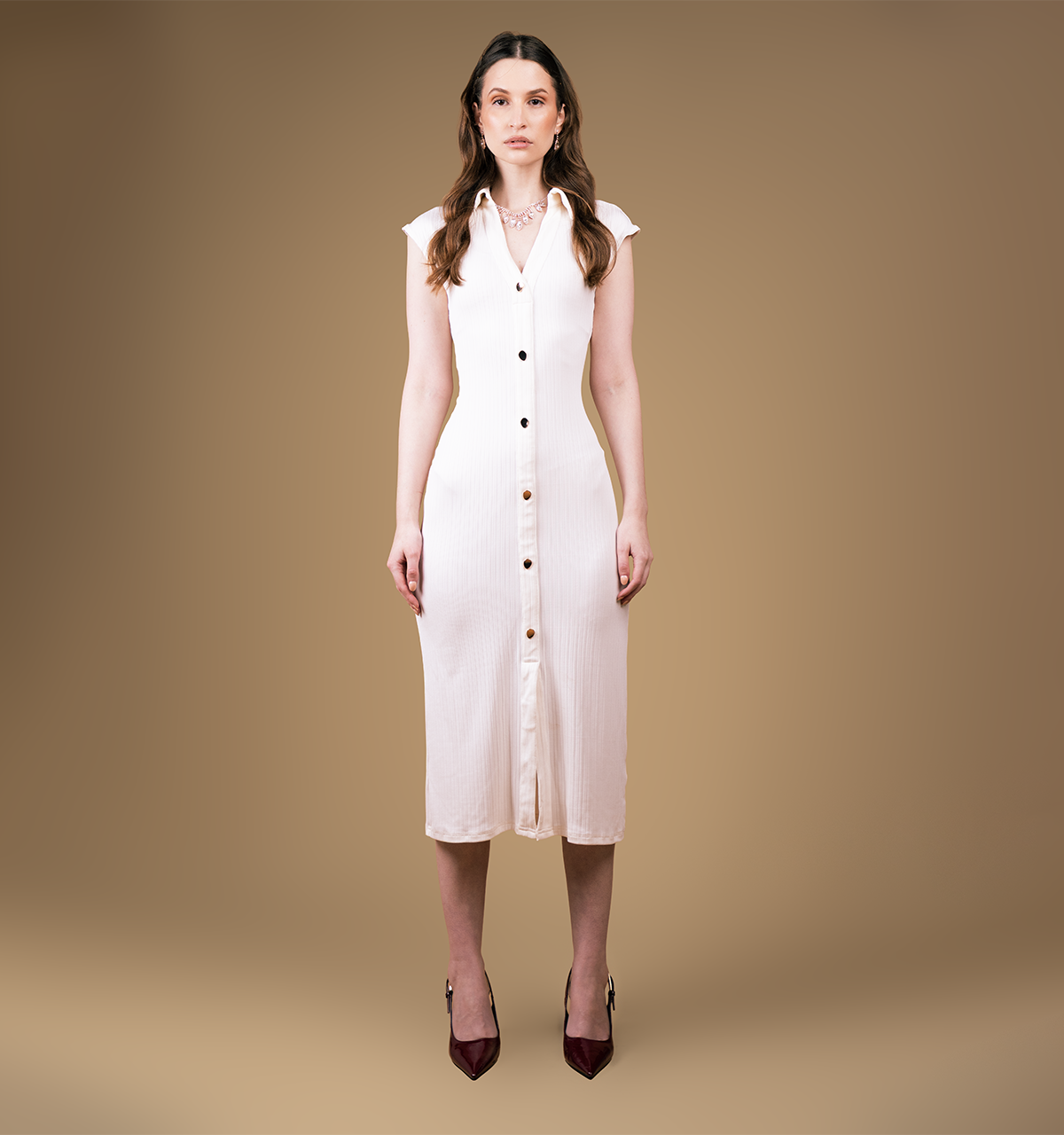 Rib Knit Button-Up Cap Sleeves Collared Midi Dress