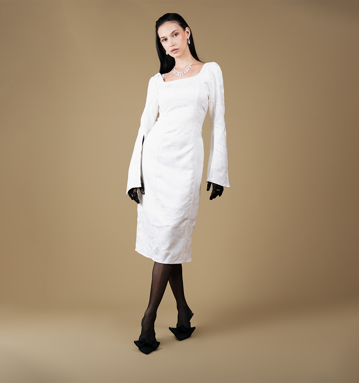 Floral Jacquard Squared Neckline Slit Sleeve Midi Dress